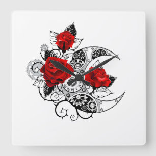 Reloj Cuadrado Creciente Mecánico con Rosas Rojas