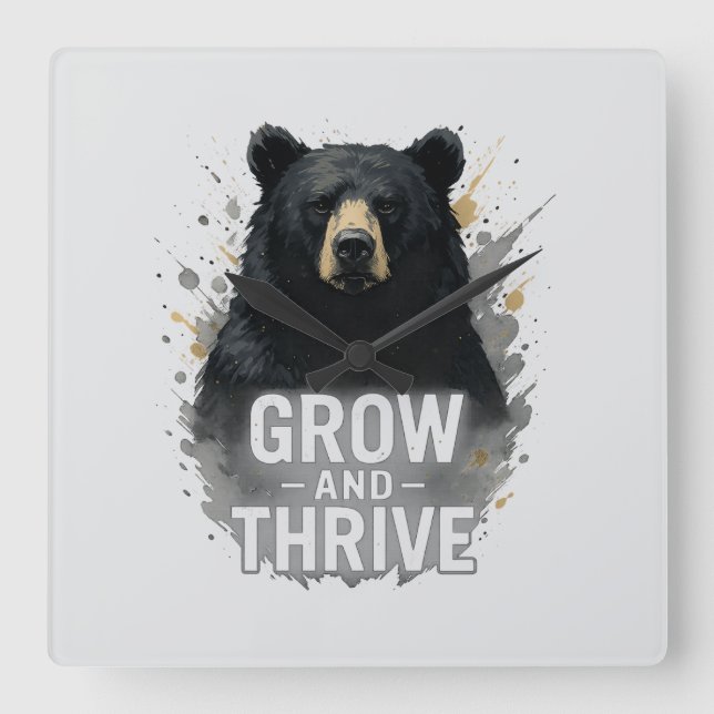 Reloj Cuadrado Crecimiento majestuoso Arte de oso negro (Anverso)