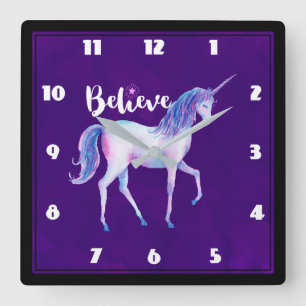 Reloj Cuadrado Creer con unicornio en colores pastel