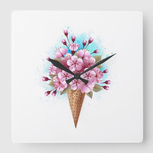 Reloj Cuadrado Crema rosa de hielo Sakura Waffle Cone (Anverso)