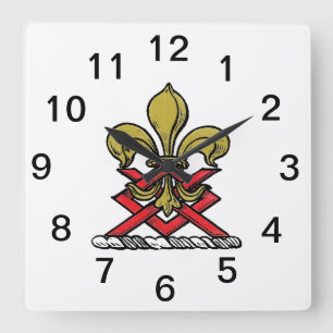 Reloj Cuadrado Crestón Heráldico Emblema Fleur de Lis Rojo Dorado