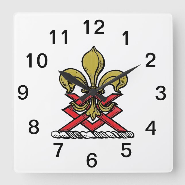 Reloj Cuadrado Crestón Heráldico Emblema Fleur de Lis Rojo Dorado (Anverso)