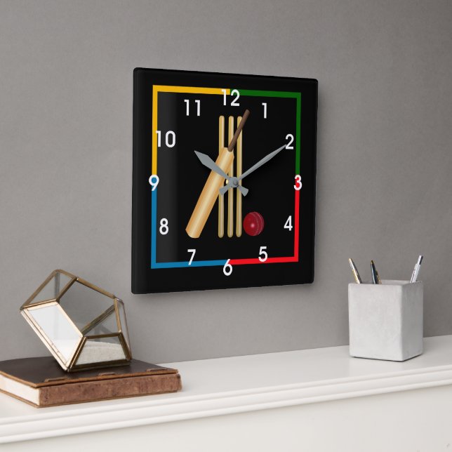 Reloj Cuadrado Cricket, wicket, bate y pelota,  (Oficina)