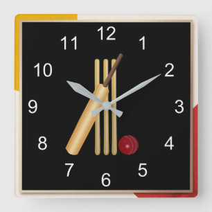 Reloj Cuadrado Cricket - wicket, murciélago y bola, diseño popula