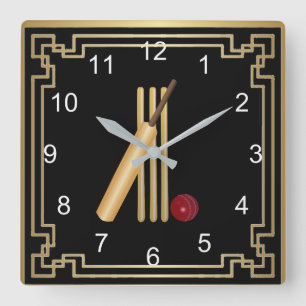 Reloj Cuadrado Cricket, wicket, murciélagos y pelotas con marco d