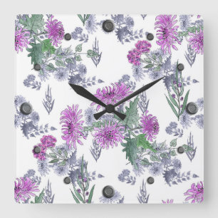Reloj Cuadrado Crisantemos de la lila, acuarela