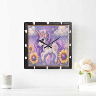 Reloj Cuadrado Cristal de girasol morado unicornio