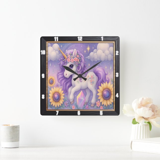 Reloj Cuadrado Cristal de girasol morado unicornio (Hogar)