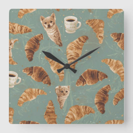 Reloj Cuadrado Croissant Crawl Cats, Coffee & French Bakery Chaos