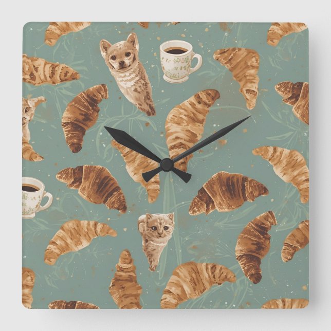 Reloj Cuadrado Croissant Crawl Cats, Coffee & French Bakery Chaos (Anverso)