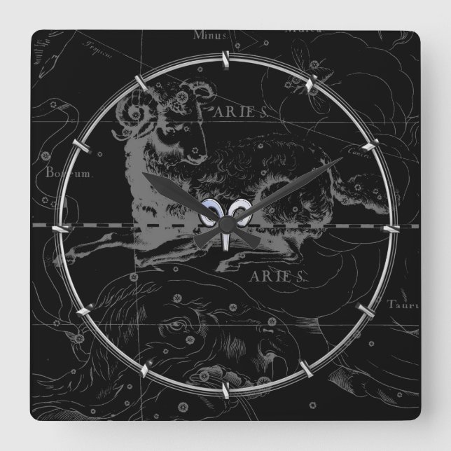 Reloj Cuadrado Cromo como el Rótulo Aries Zodiac en Hevelius Blac (Anverso)
