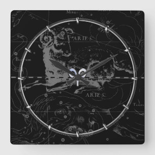Reloj Cuadrado Cromo como el Rótulo Aries Zodiac en Hevelius Blac