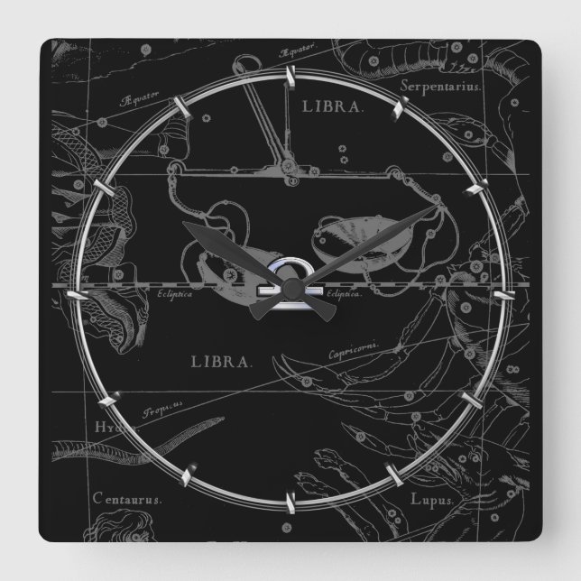 Reloj Cuadrado Cromo plateado como Rótulo Libra Zodiac en Heveliu (Anverso)
