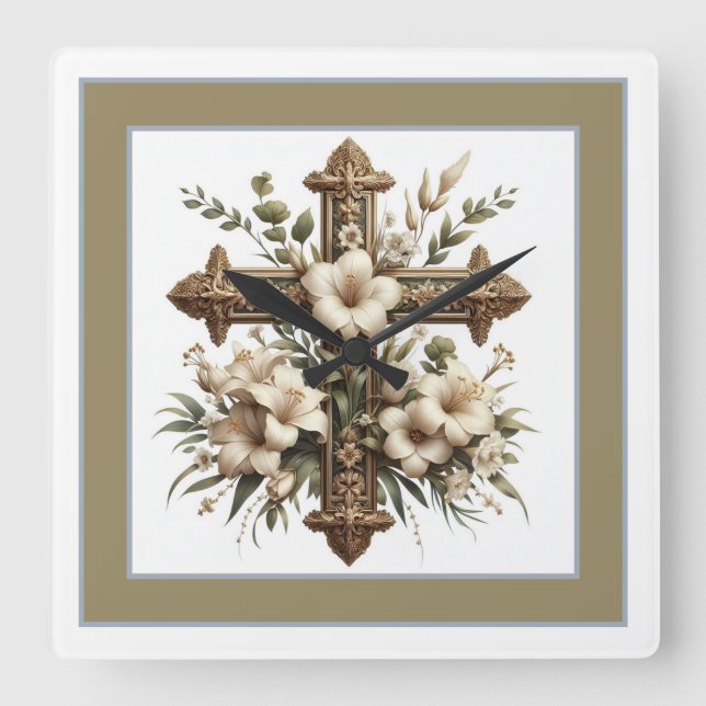 Reloj Cuadrado Cross and Lilies (Anverso)