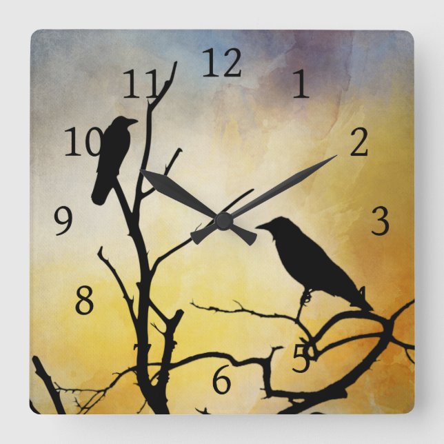 Reloj Cuadrado Crow Birds on Tree bird 95 naranja (Anverso)