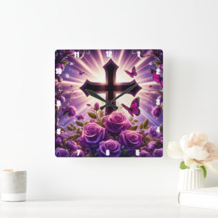 Reloj Cuadrado Cruce radiante de mariposas Rosa púrpura
