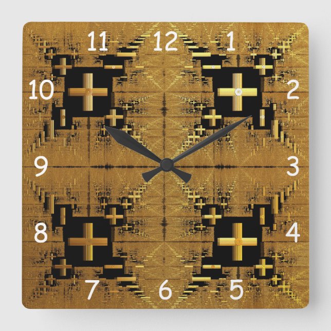 Reloj Cuadrado Cruces fractales doradas (Anverso)