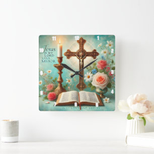 Reloj Cuadrado Crucifix Candlelight Biblia Flor Jesus