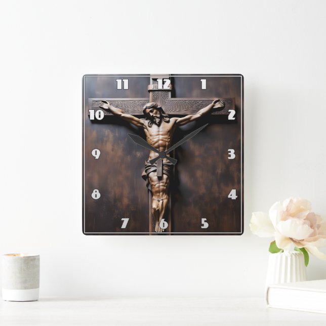 Reloj Cuadrado Crucifixión de Jesús en la cruz de madera (Hogar)