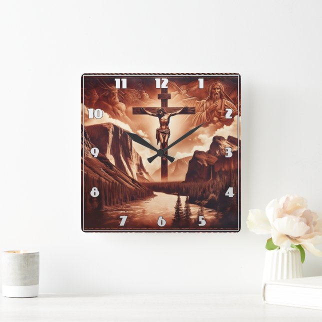Reloj Cuadrado Crucifixión de Jesús en medio de majestuosas monta (Hogar)