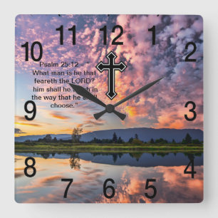 Reloj Cuadrado Cruz de fe cristiana con salmo 25:12