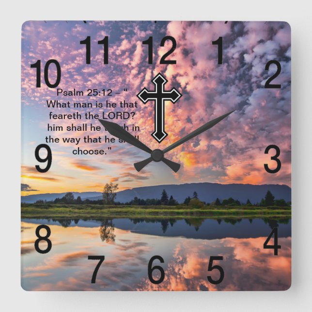 Reloj Cuadrado Cruz de fe cristiana con salmo 25:12 (Anverso)