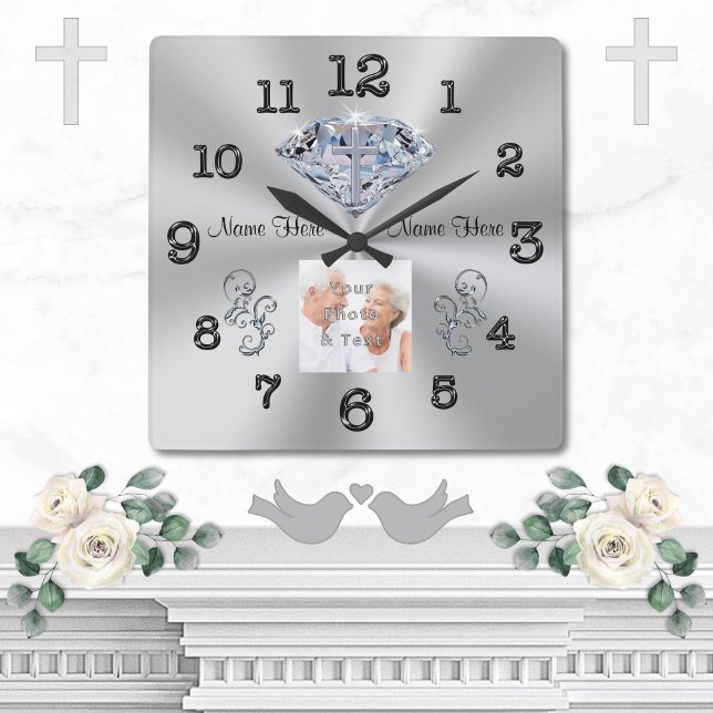 Reloj Cuadrado Cruz de FOTO y NOMBRES en regalos de aniversario d (Diamond Anniversary Clock. 10 year wedding anniversary gifts. Christian, 60th anniversary gift ideas)