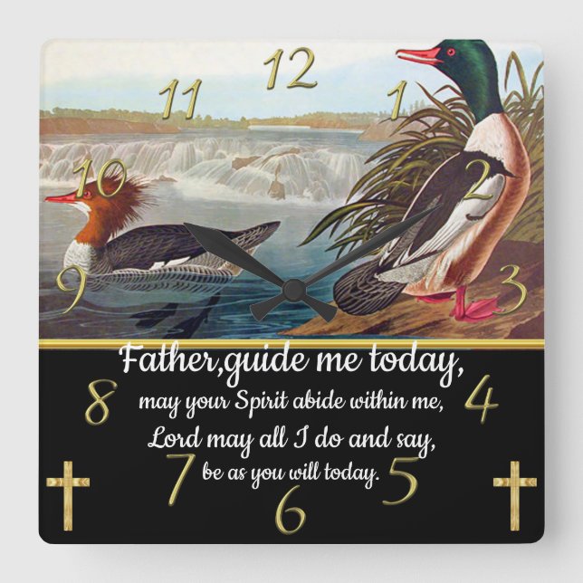 Reloj Cuadrado Cruz de la fe cristiana de oro con dos patos (Anverso)