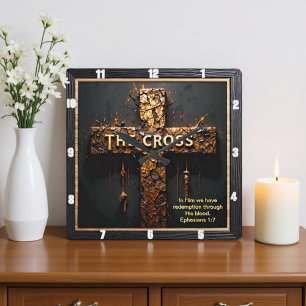 Reloj Cuadrado Cruz de Oro de Redención Perdónada Efesios 1:7