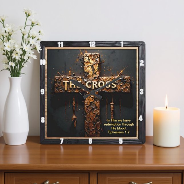 Reloj Cuadrado Cruz de Oro de Redención Perdónada Efesios 1:7 (Subido por el creador)