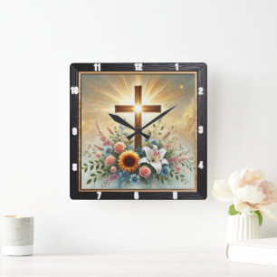 Reloj Cuadrado Cruz Floral Radiante Espiritual