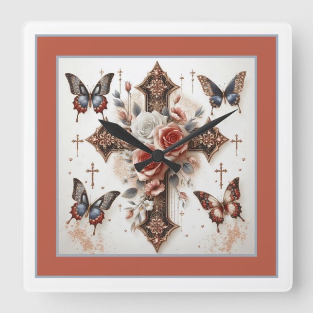 Reloj Cuadrado Cruz, Rosas y mariposas (Anverso)
