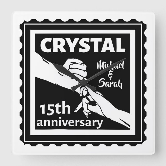 Reloj Cuadrado Crystal 15° aniversario de boda tomada de la mano (Anverso)