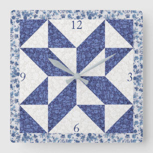 Reloj Cuadrado Cuadrado de Falsa Colcha de Calicó Azul Blanco Aco