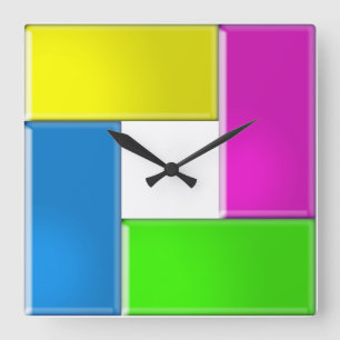 Reloj Cuadrado cuadrado de formas amarillas, violetas, verdes y a