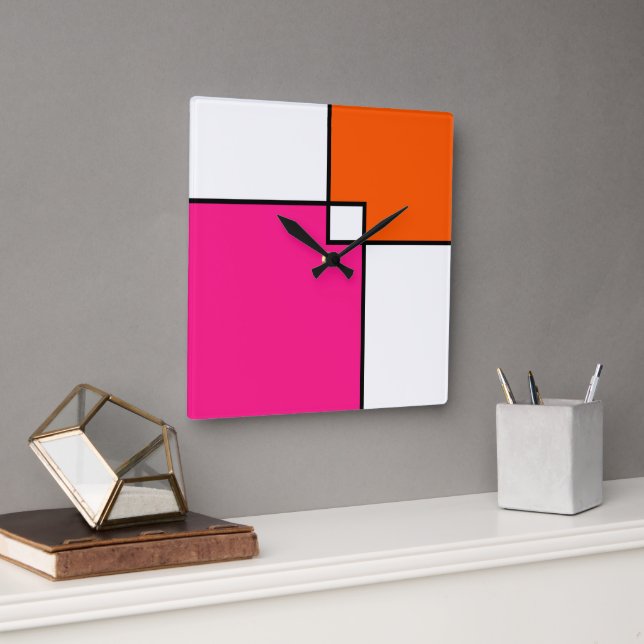 Reloj Cuadrado Cuadrados blancos Naranja rosado de coral (Oficina)
