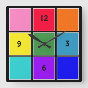 Reloj Cuadrado Cuadrados de arcoiris en negro