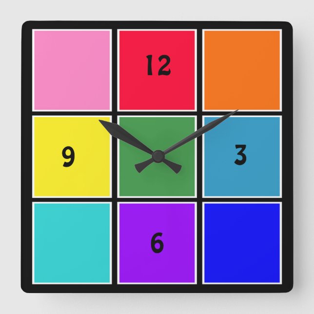 Reloj Cuadrado Cuadrados de arcoiris en negro (Anverso)