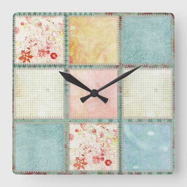 Reloj Cuadrado Cuadrados florales del edredón (Anverso)