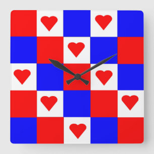 Reloj Cuadrado Cuadrados rojos, blancos y azules con los