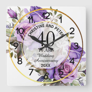 Reloj Cuadrado Cualquier aniversario de boda Gold Frame Purple Ro