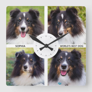Reloj Cuadrado Cuatro fotos de mascotas personalizadas con texto