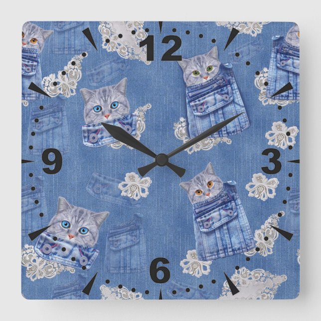 Reloj Cuadrado Cubos de Denim Jean, gatitos y encaje (Anverso)