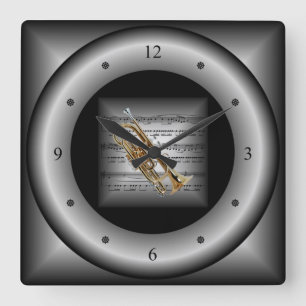 Reloj Cuadrado Cuello ~ 3D Hoja Música ~ Plata almohada/Negro Bac
