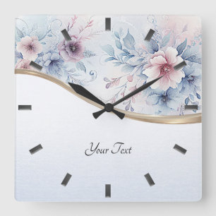 Reloj Cuadrado Cuello de pared floral azul rosa azul acuarela