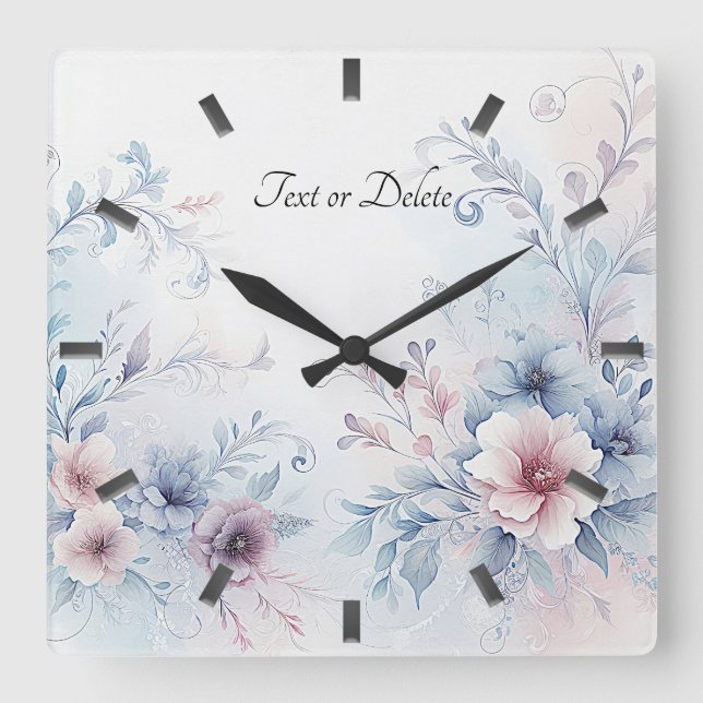 Reloj Cuadrado Cuello de pared floral azul rosa azul acuarela (Anverso)