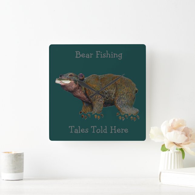 Reloj Cuadrado Cuentos de pesca de osos de nogal (Hogar)