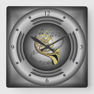 Reloj Cuadrado Cuerno francés ~ Musical ~ Altavoz plateado ~ 