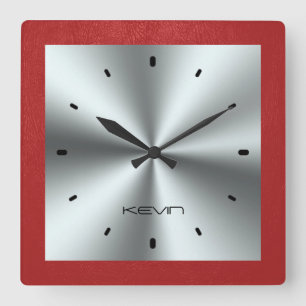 Reloj Cuadrado Cuero rojo y acero inoxidable metálico