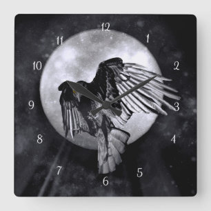 Reloj Cuadrado Cuervo o Cuervo Volador y Luna Gótica
